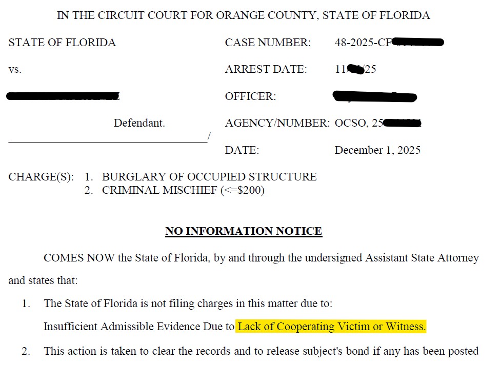 Nolle Prosequi - Burglary and Criminal Mischief Charges Dismissed