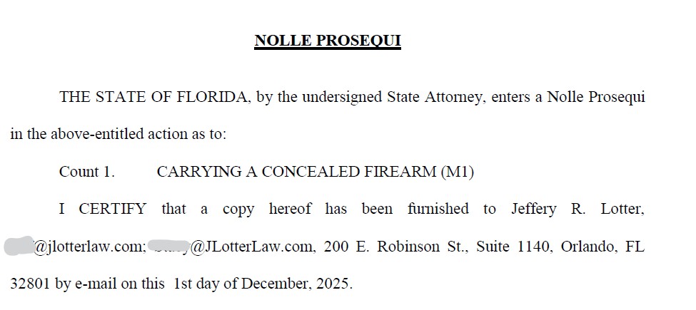 Nolle Prosequi - Concealed Carry Charge Dismissed