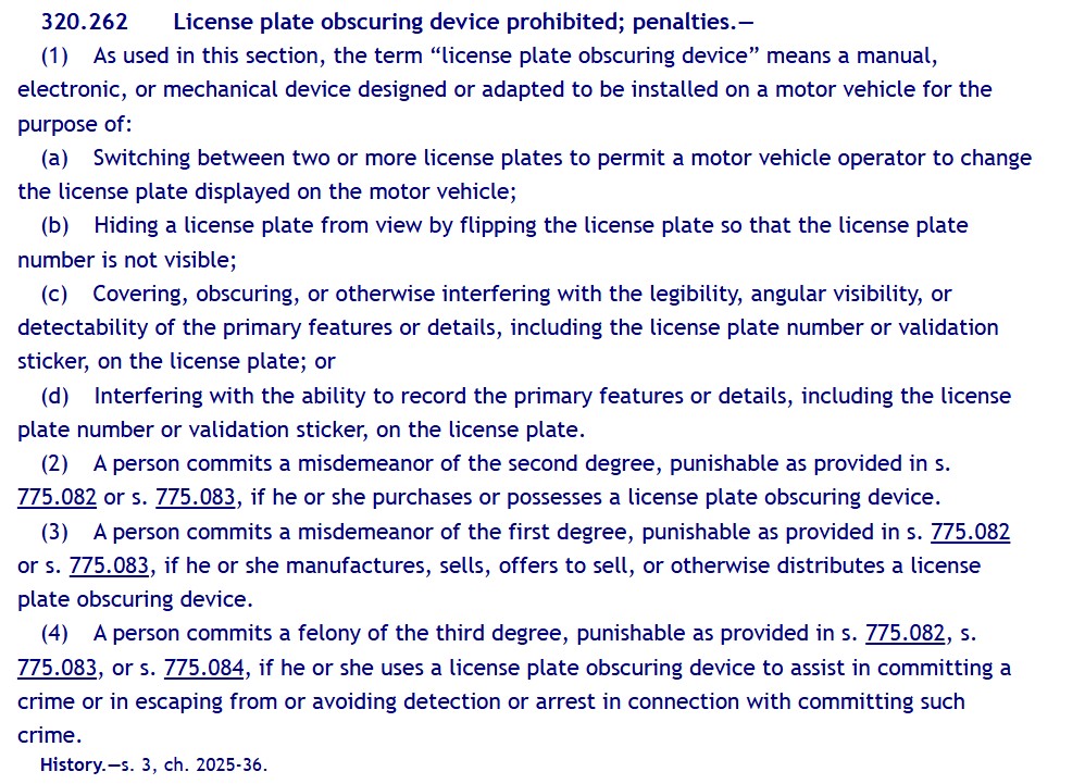 FLHSMV memo to law enforcement about license plate frames and F.S. 320.262