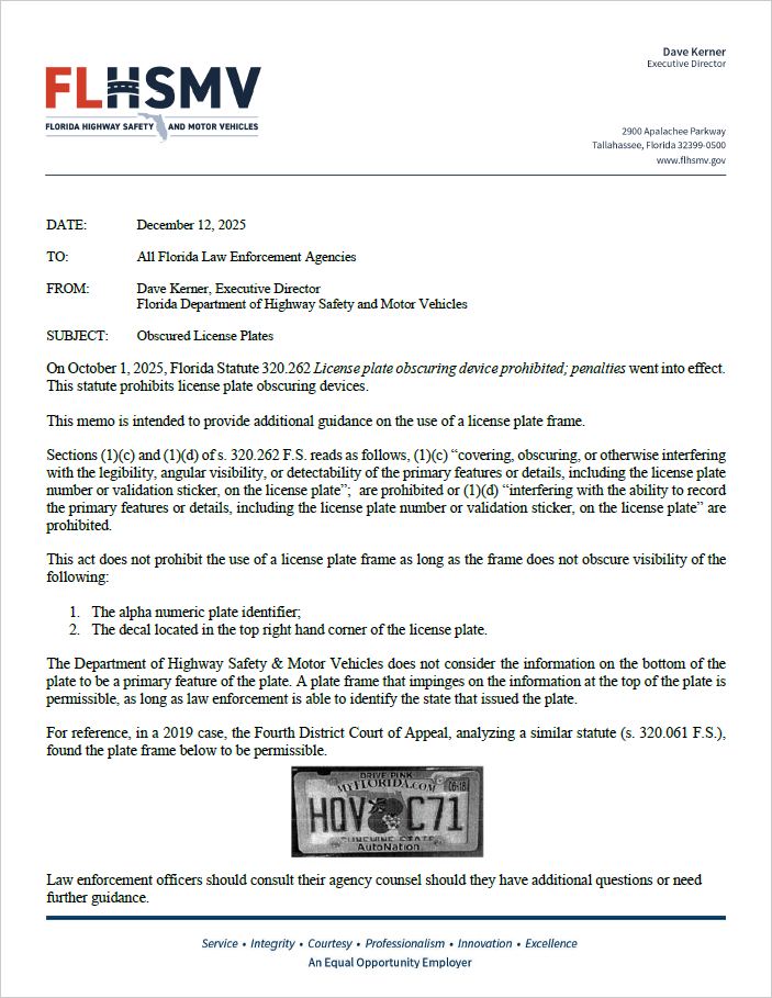 FLHSMV official guidance memo on license plate obscuring devices - F.S. 320.262