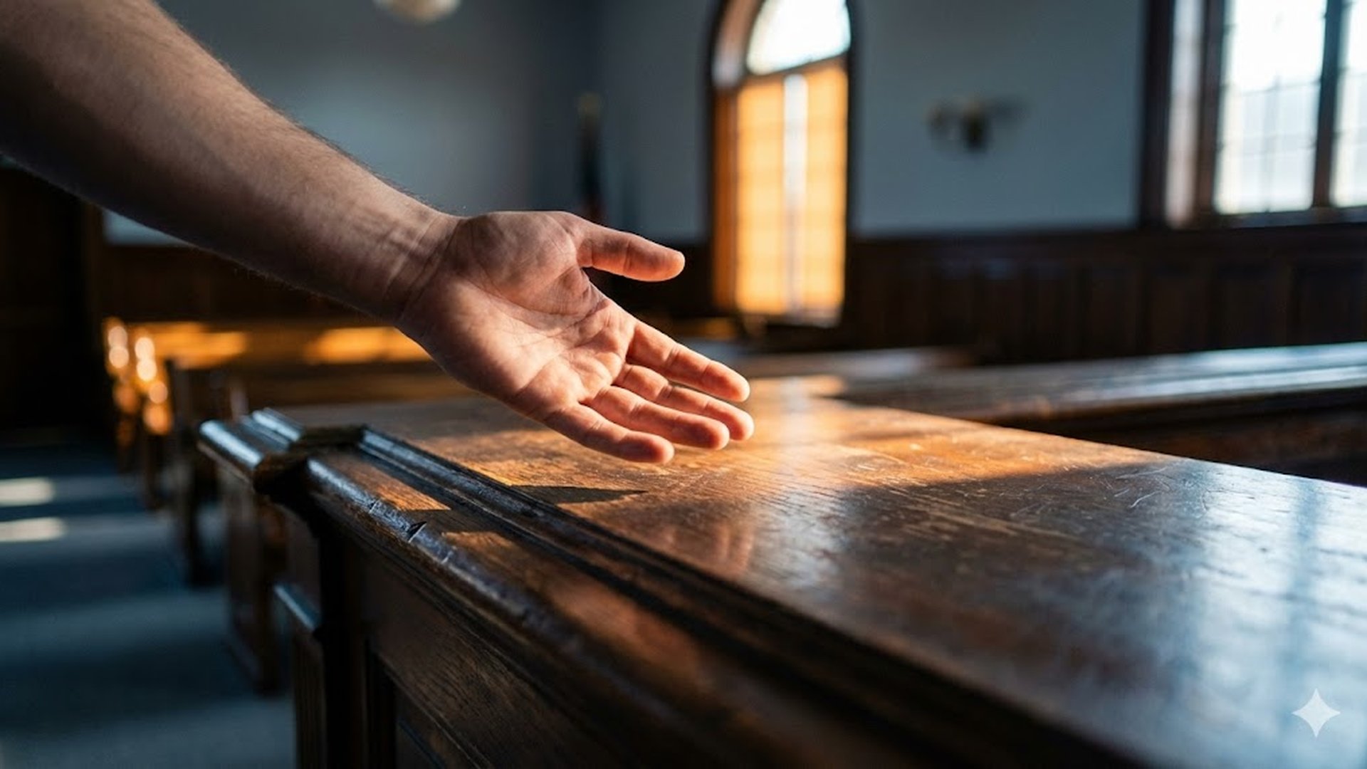 Open hand hovering above a weathered courtroom bench in warm amber light - representing the ambiguity between an innocent gesture and a battery charge