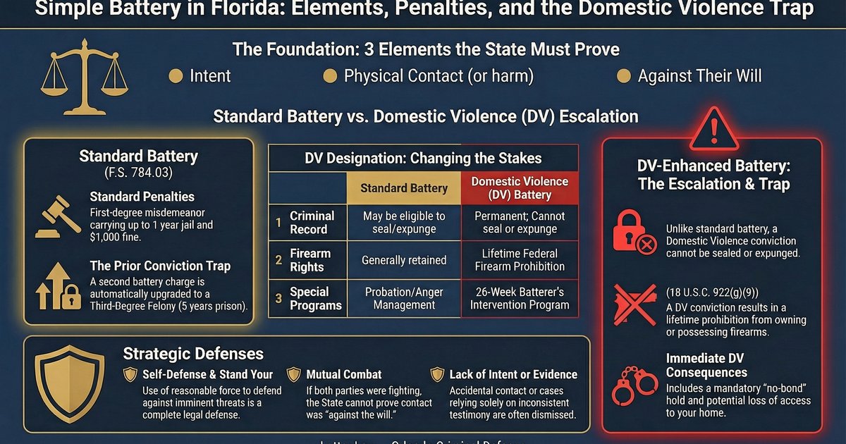 Infographic comparing simple battery vs domestic violence battery in Florida — elements, penalties, defenses, and the DV enhancement trap