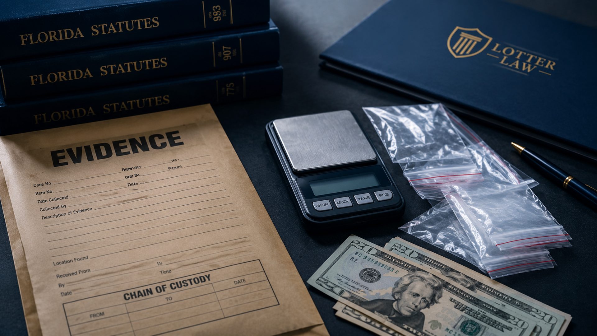 Evidence table with small plastic baggies, a digital scale, and cash, illustrating intent-to-sell evidence