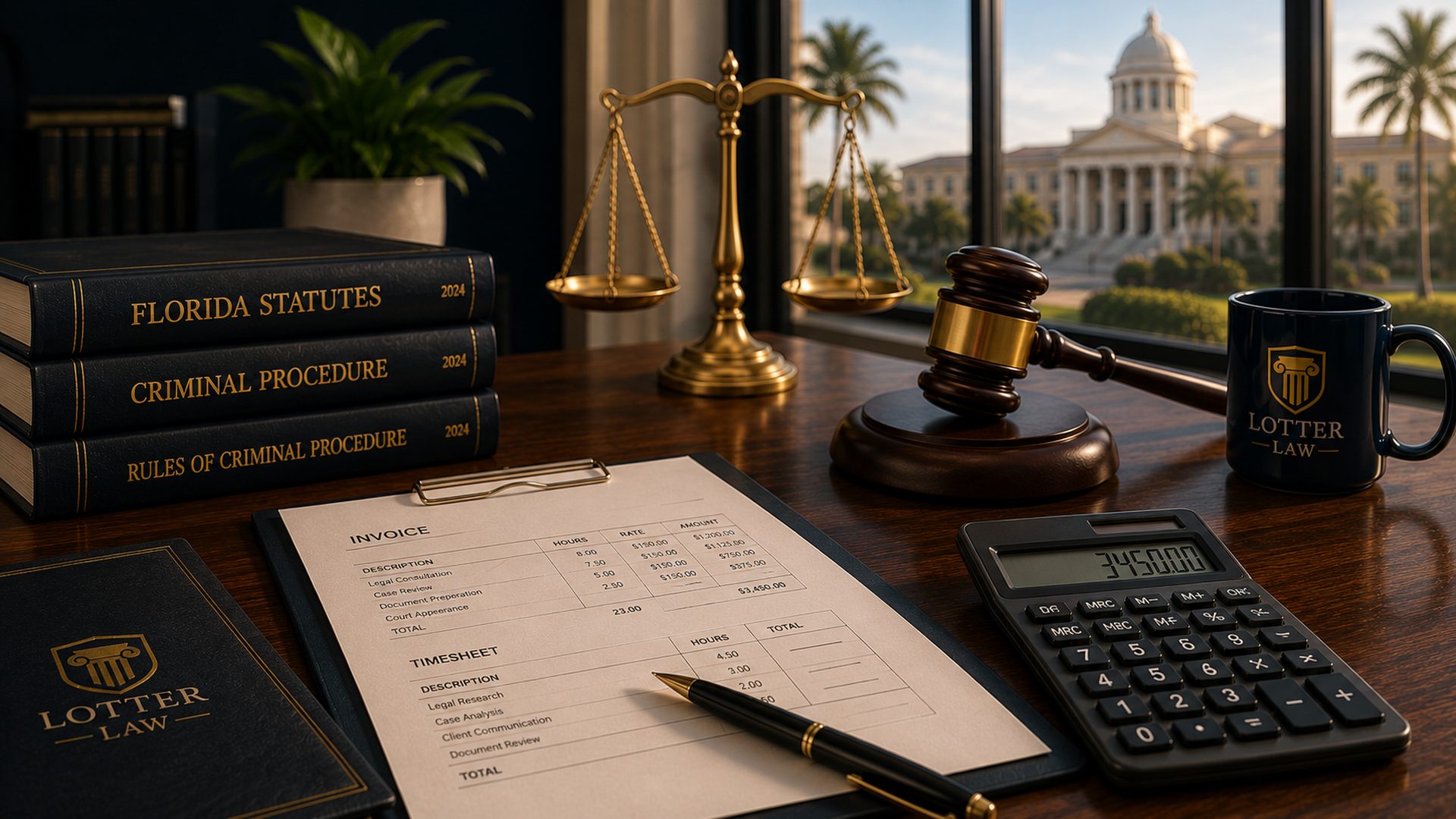 An invoice and timesheet on a desk beside a gavel, illustrating a billing dispute turning into a criminal case