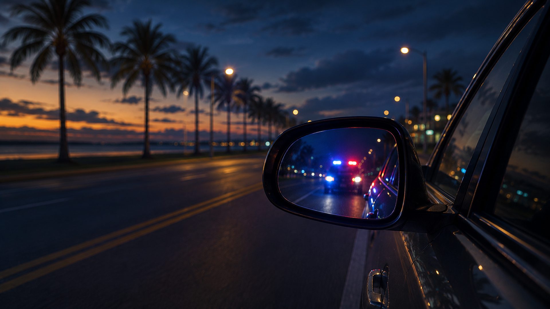 Police lights flashing in a car's rearview mirror at night on a Florida road