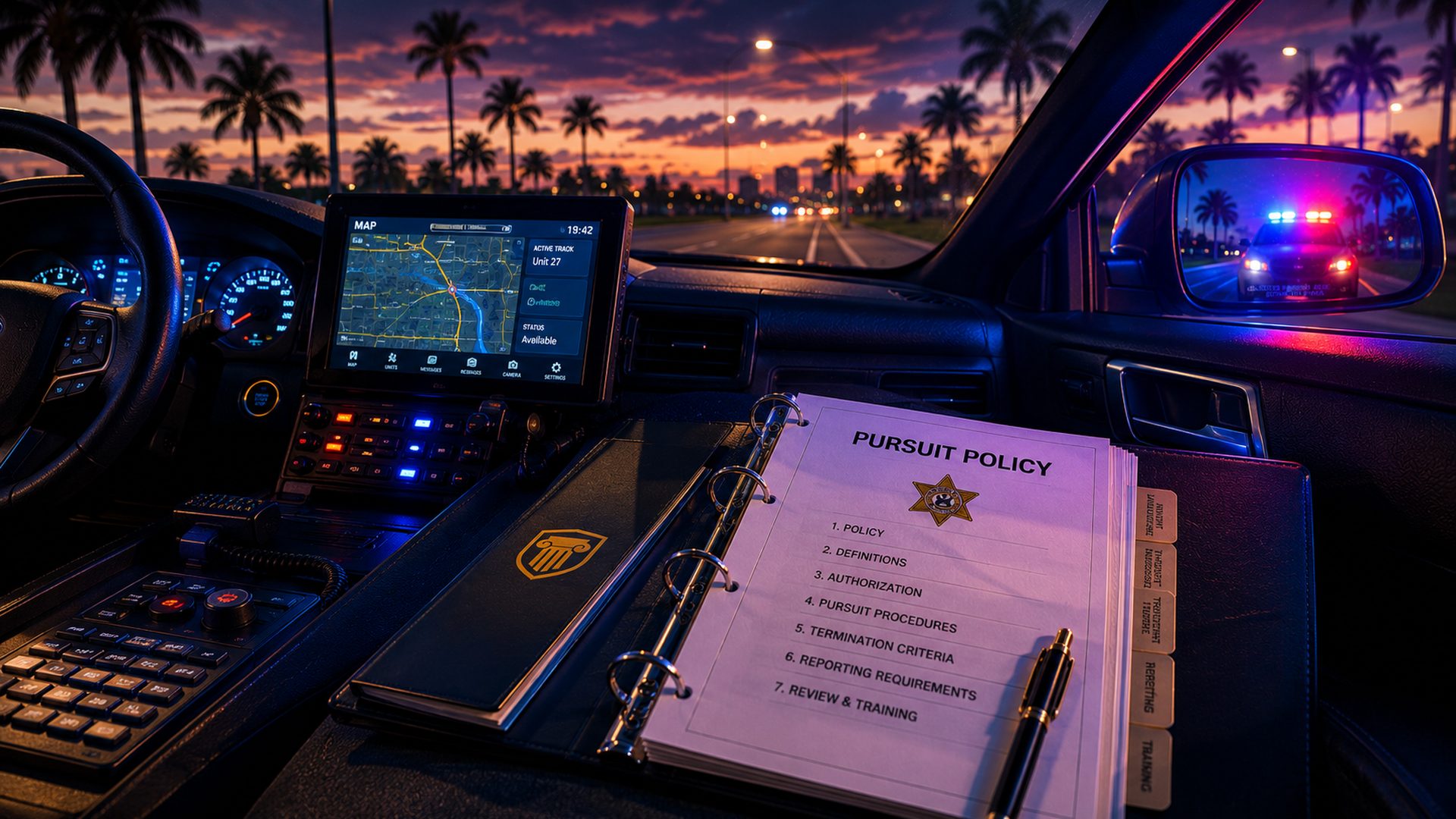 A police policy manual open on a desk beside a patrol vehicle dashboard at dusk