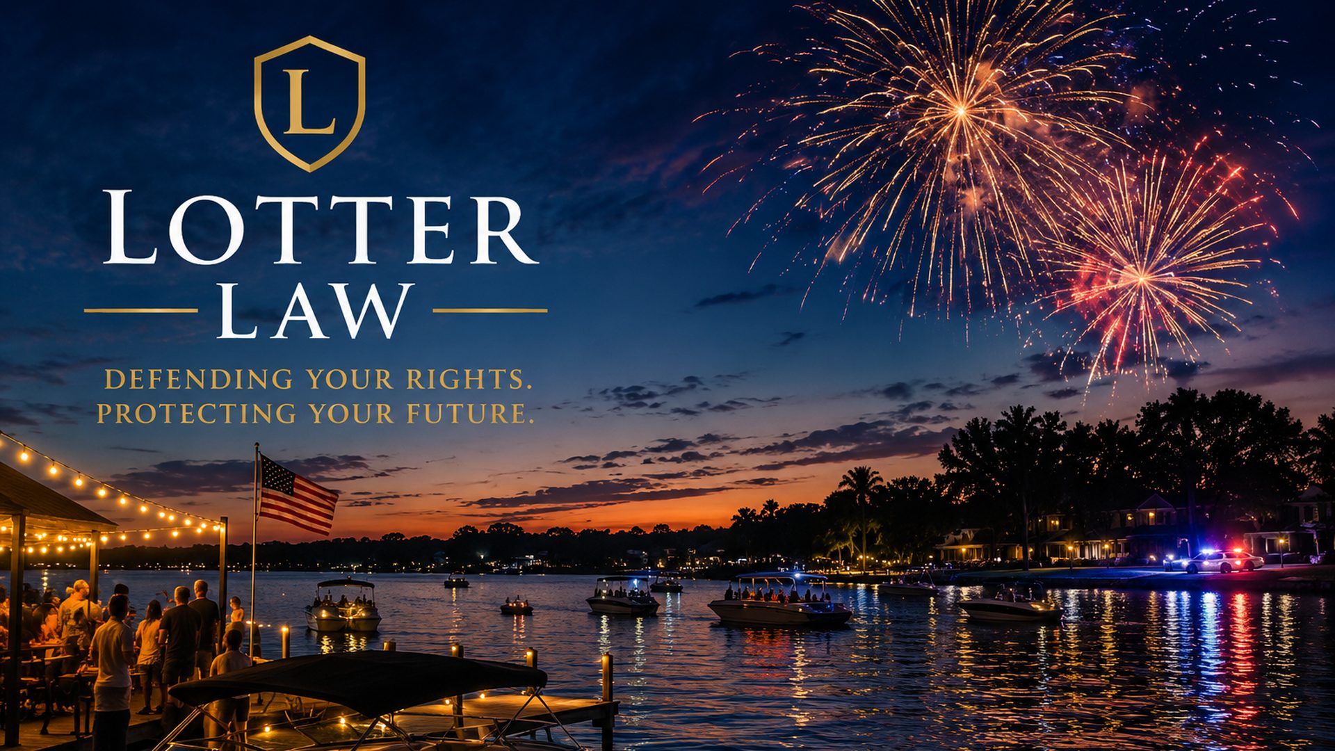 Fourth of July fireworks over a Central Florida lake with boats on the water at dusk