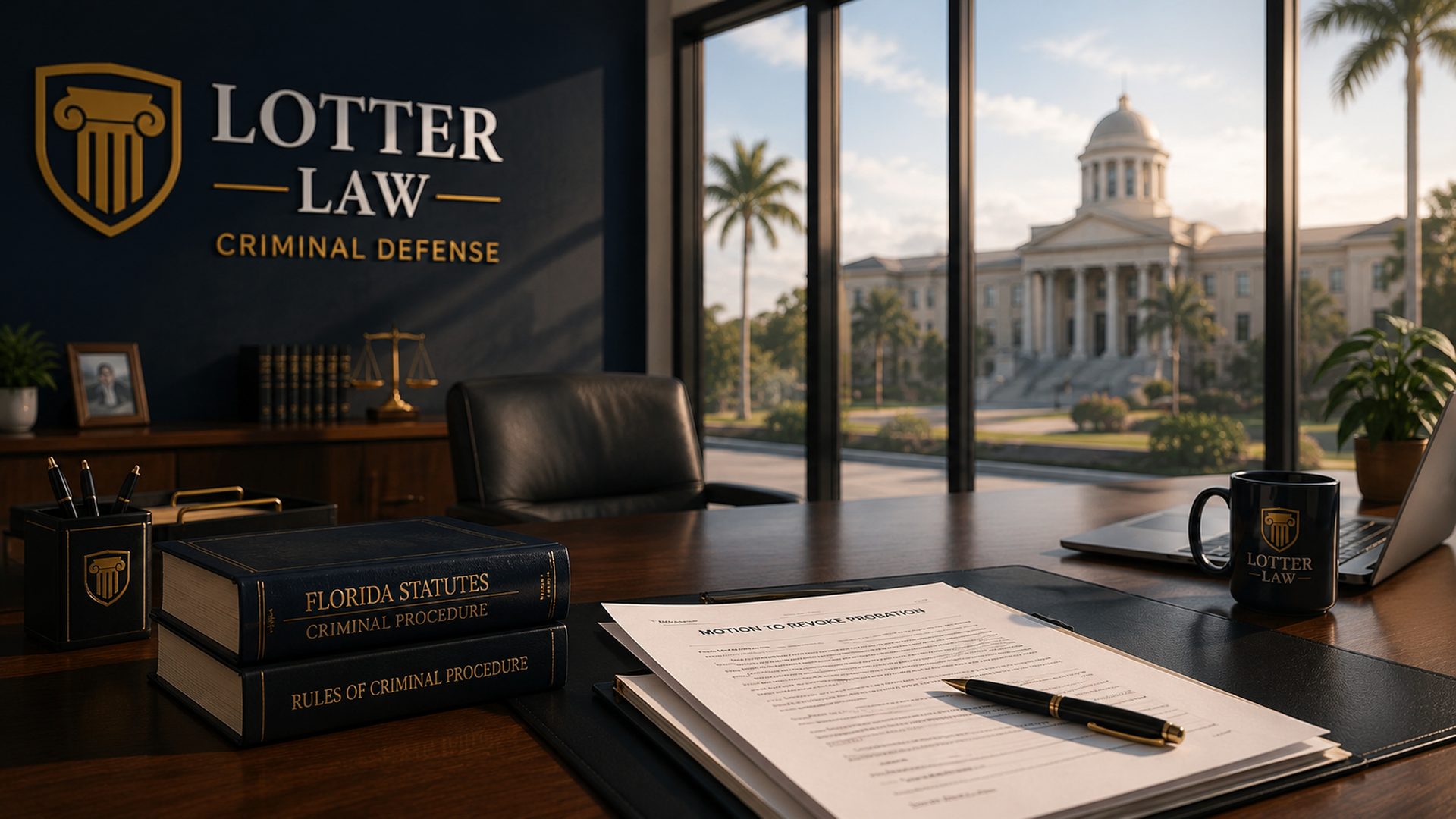 A person reviewing probation paperwork at a desk with a courthouse in the background