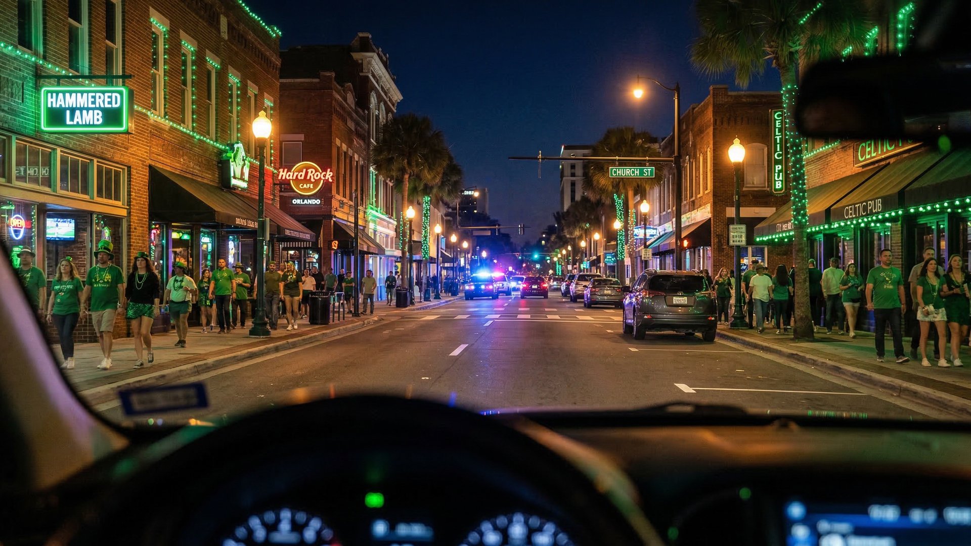 Orlando nightlife street scene with police patrol lights visible in the distance on St. Patrick's Day