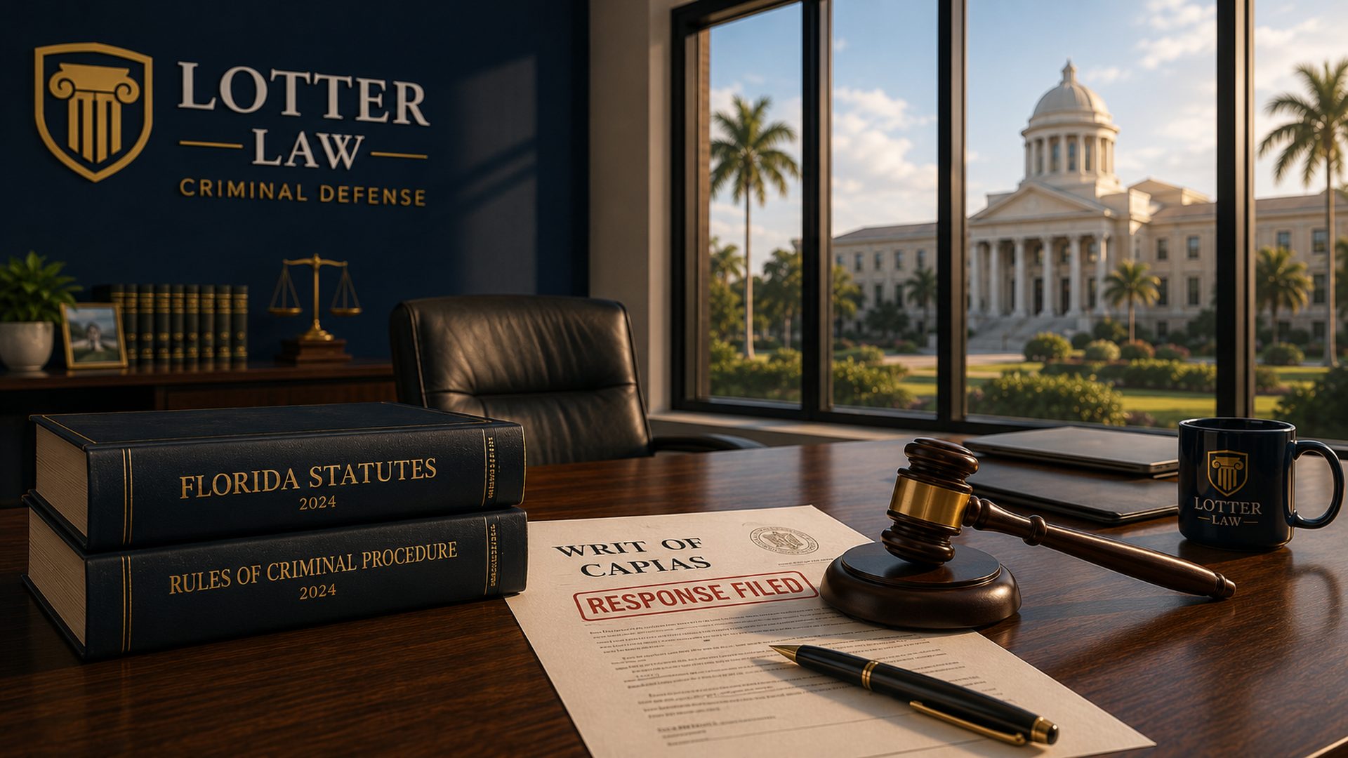 A Florida court clerk's stamp on a legal document beside a gavel, representing an arrest warrant or capias