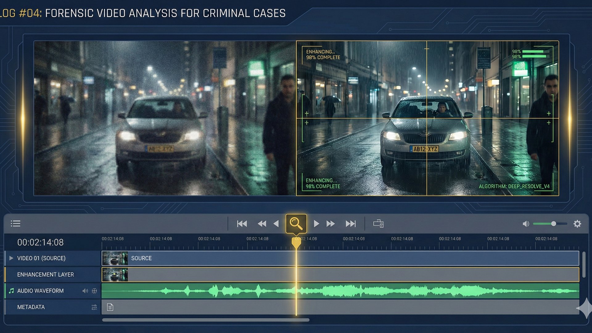 Forensic video analysis interface showing enhanced surveillance footage for criminal defense