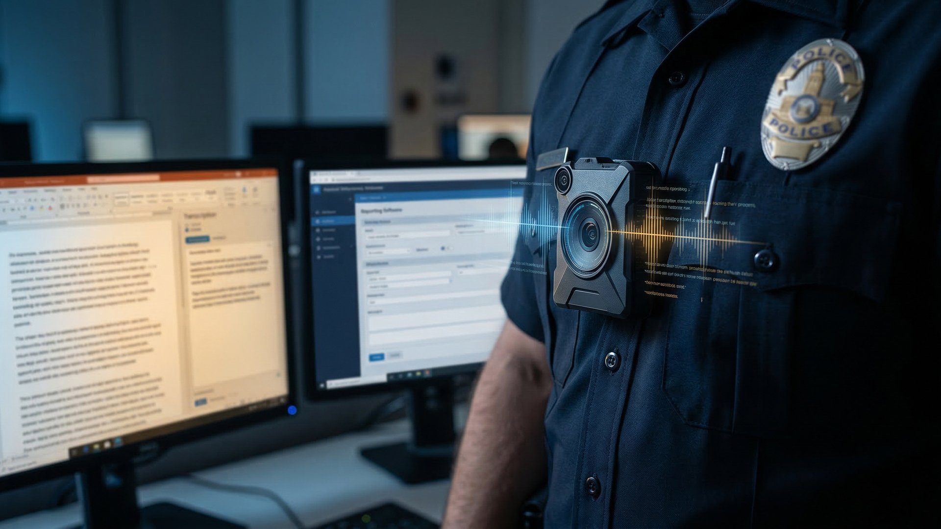 Police body camera mounted on an officer's uniform with a digital AI waveform overlay representing automated report generation