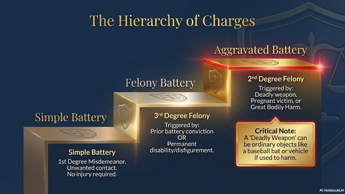 The hierarchy of battery charges in Florida - Simple Battery (misdemeanor), Felony Battery (3rd degree), and Aggravated Battery (2nd degree felony)