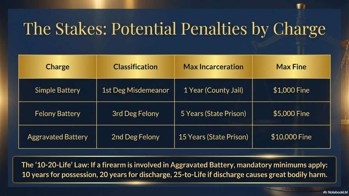Florida battery charges penalty comparison table showing maximum incarceration and fines for simple battery, felony battery, and aggravated battery