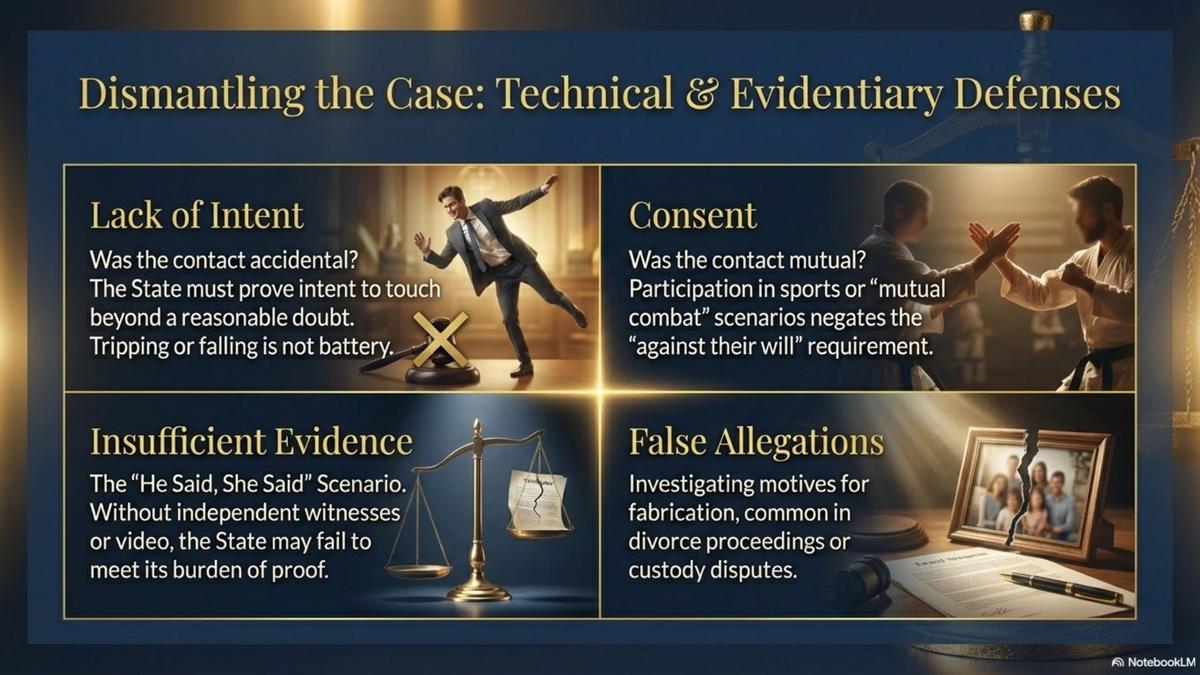 Four key defenses to battery charges in Florida: Lack of Intent, Consent, Insufficient Evidence, and False Allegations