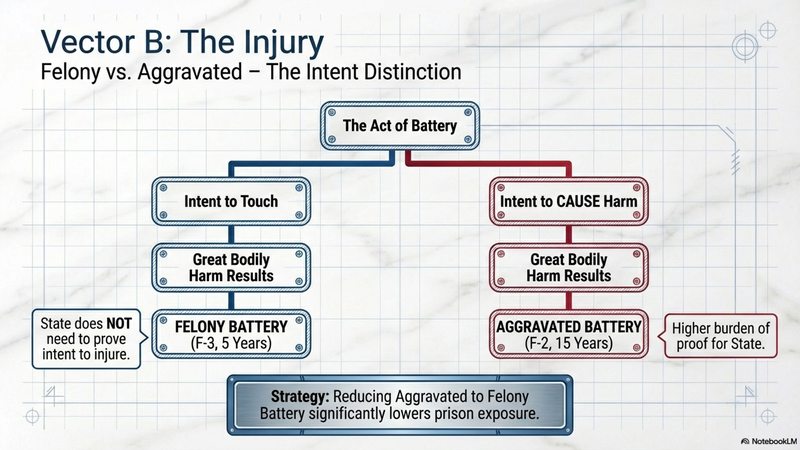 Flowchart showing the intent distinction between felony battery (F-3, 5 years) and aggravated battery (F-2, 15 years) in Florida