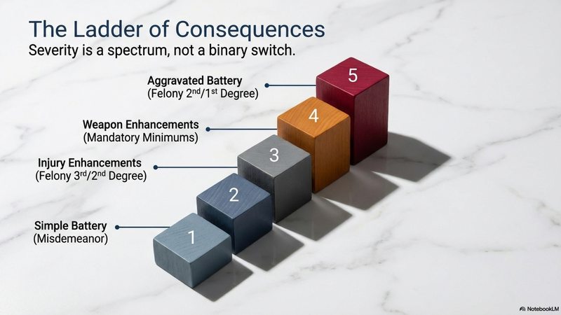 Battery charge severity ladder in Florida showing escalation from simple battery misdemeanor through injury enhancements, weapon enhancements, to aggravated battery felony