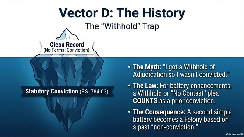 Iceberg illustration showing how a withhold of adjudication appears as a clean record above the surface but counts as a statutory conviction for battery enhancement under Florida Statute 784.03