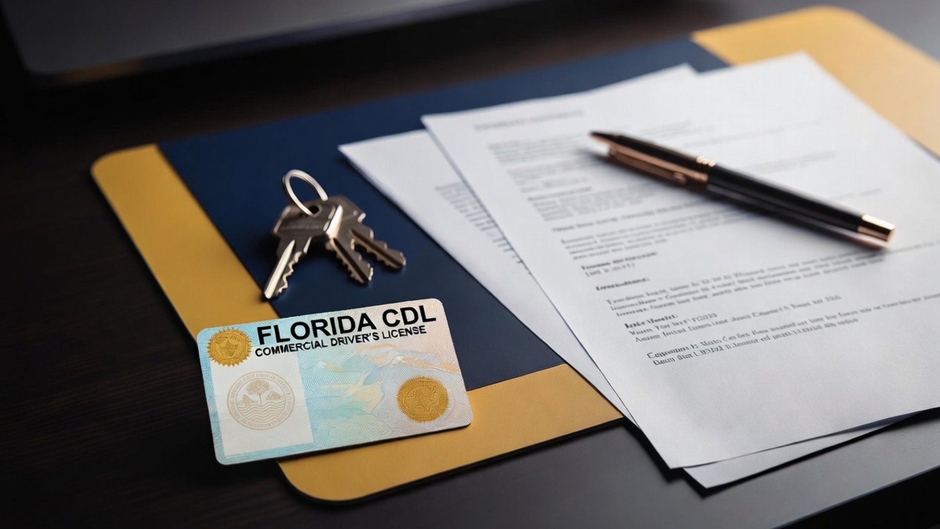 A Florida commercial driver's license beside a plea agreement and truck keys