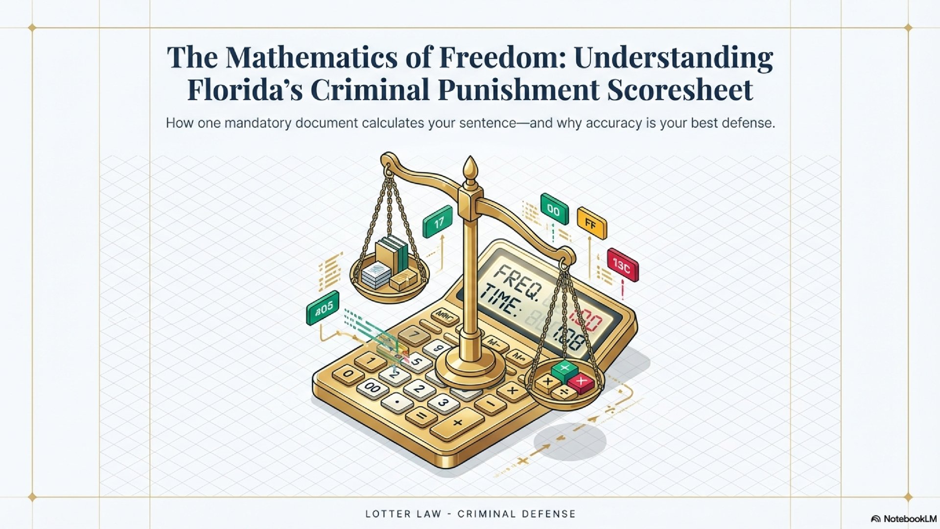 The Mathematics of Freedom - Understanding Florida's Criminal Punishment Scoresheet with scales of justice and calculator