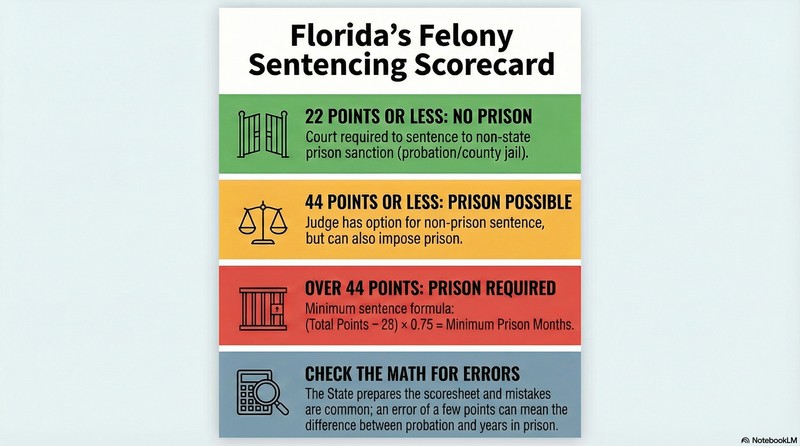 Florida's Felony Sentencing Scorecard infographic showing point thresholds: 22 points or less means no prison, 44 points or less means prison possible, over 44 points means prison required