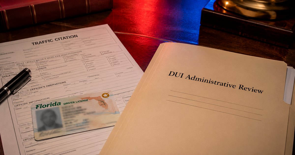DUI administrative review paperwork with a traffic citation and Florida driver license on a law office desk