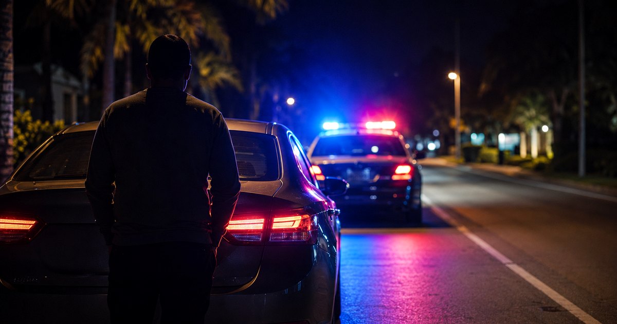 Nighttime DUI traffic stop with police lights on a Florida roadway