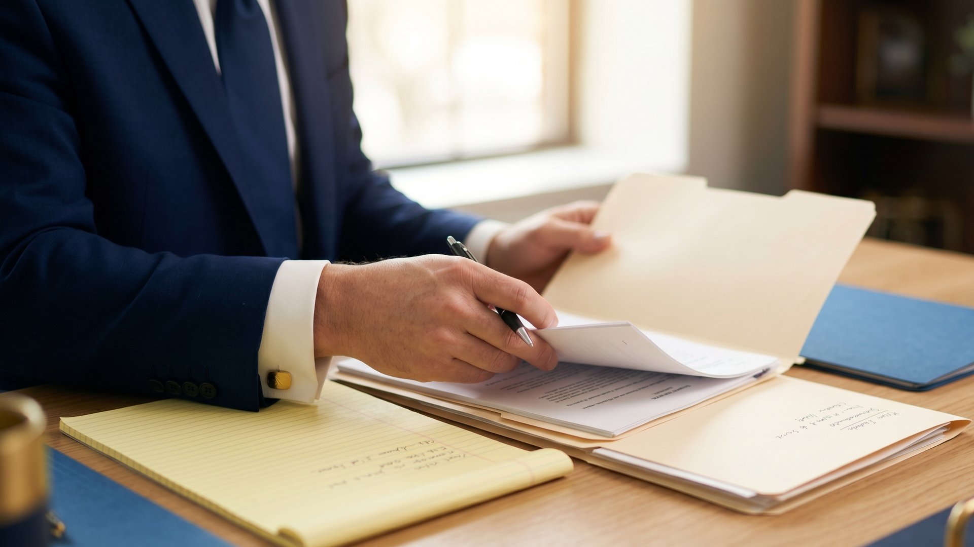 A defense attorney reviewing a case file at a desk