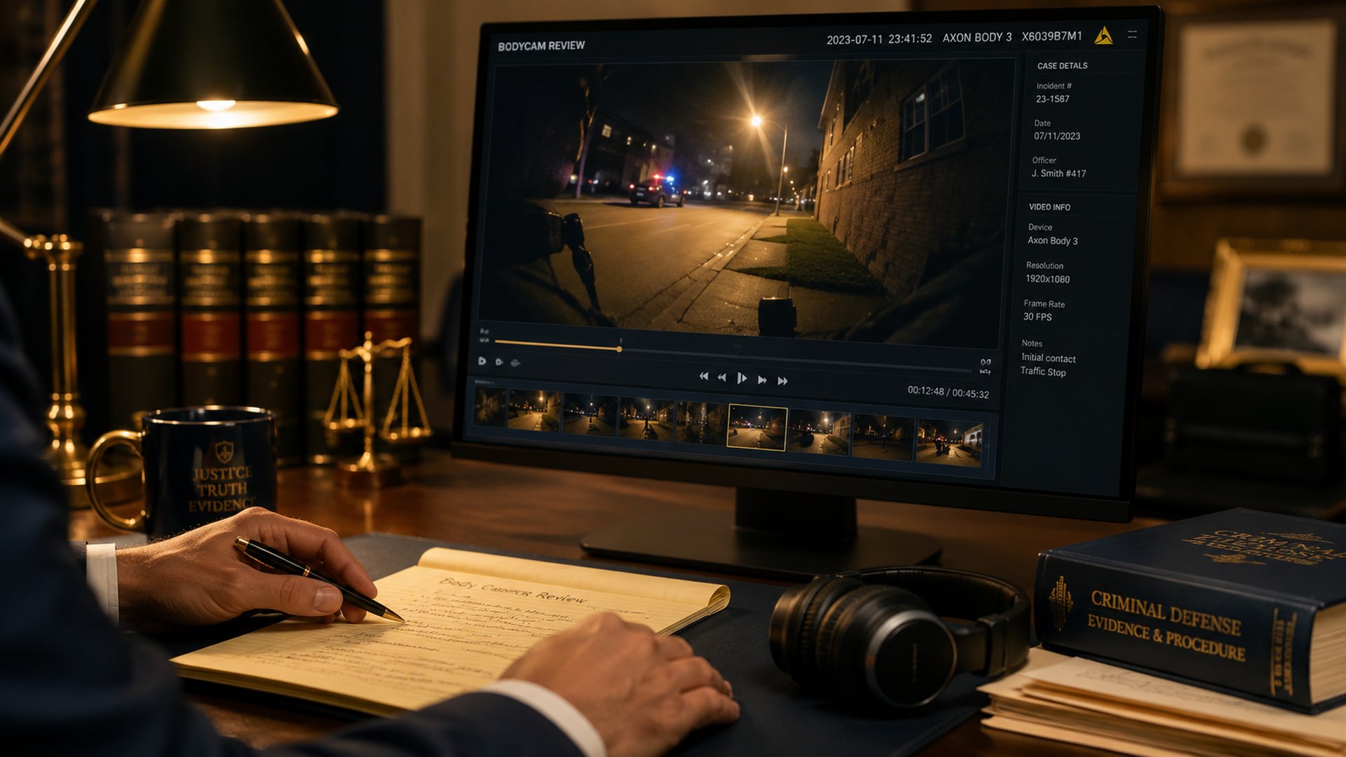 A defense attorney reviewing body camera footage from a DUI stop