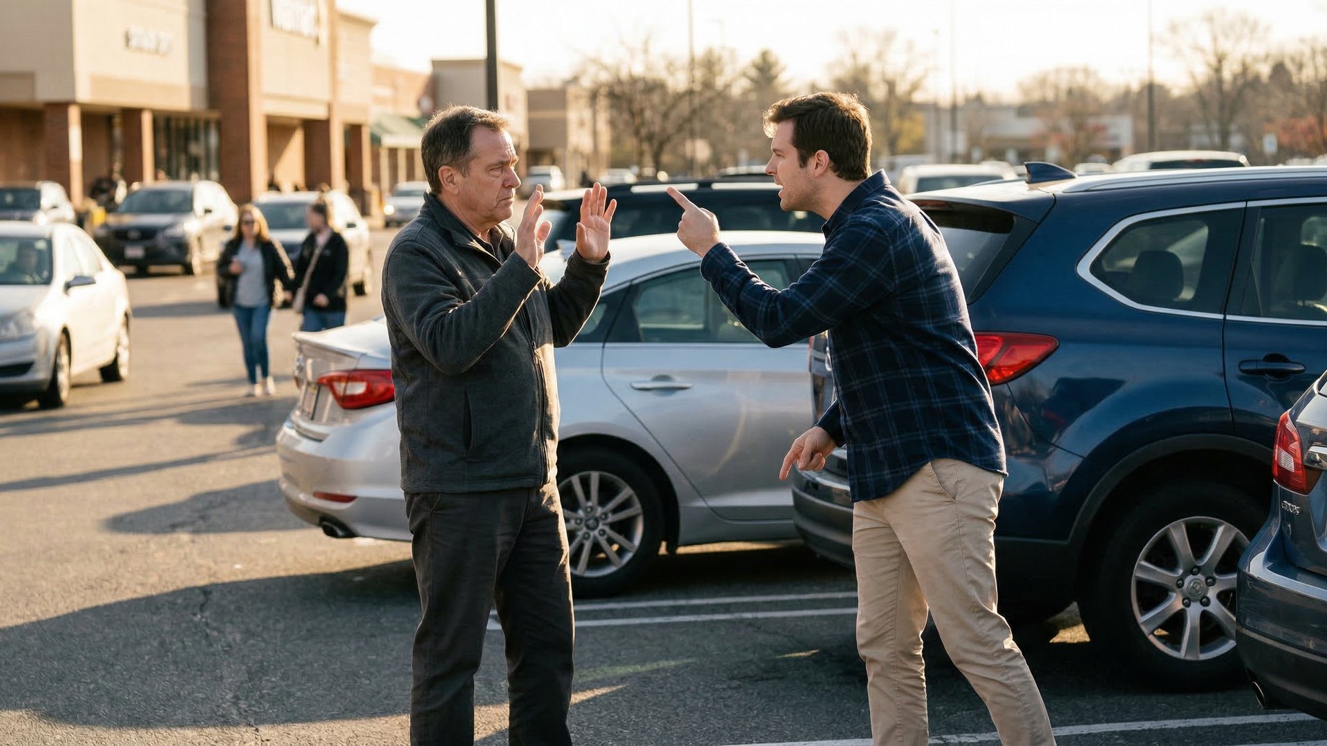 Two people in a tense confrontation in a public parking lot, illustrating how ordinary disputes can escalate to battery charges in Florida