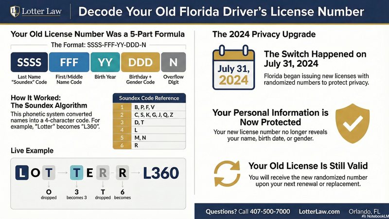 Decode Your Old Florida Driver's License Number - Infographic showing the Soundex algorithm, format breakdown, and 2024 privacy upgrade
