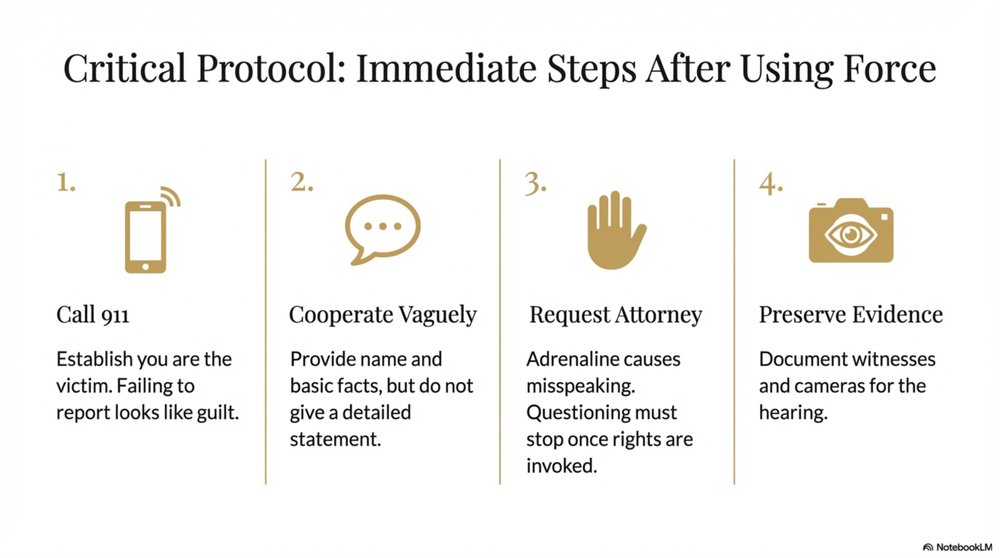 Four immediate steps after using force in self-defense