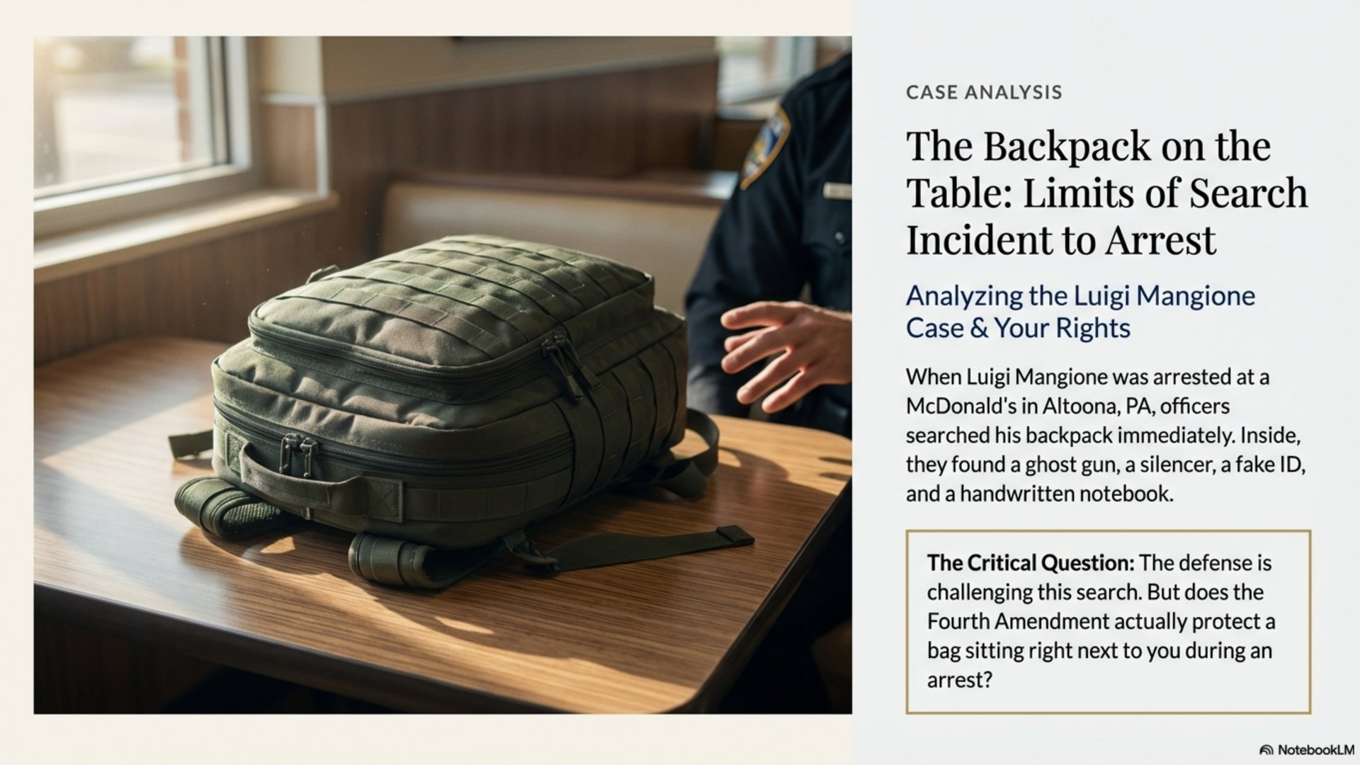 Backpack on table with police officer - illustrating search incident to arrest scenario