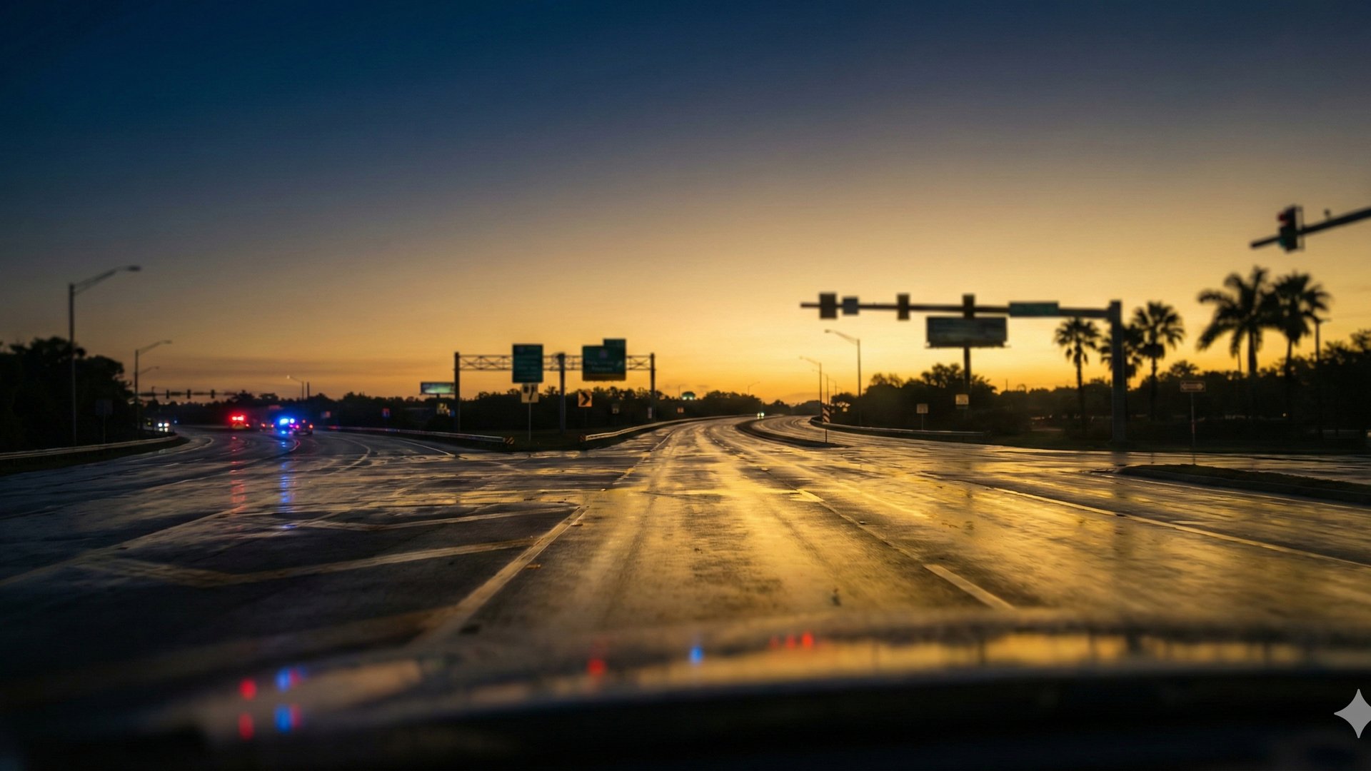 Florida highway intersection at dusk with golden sunset, symbolizing a DUI case dismissal