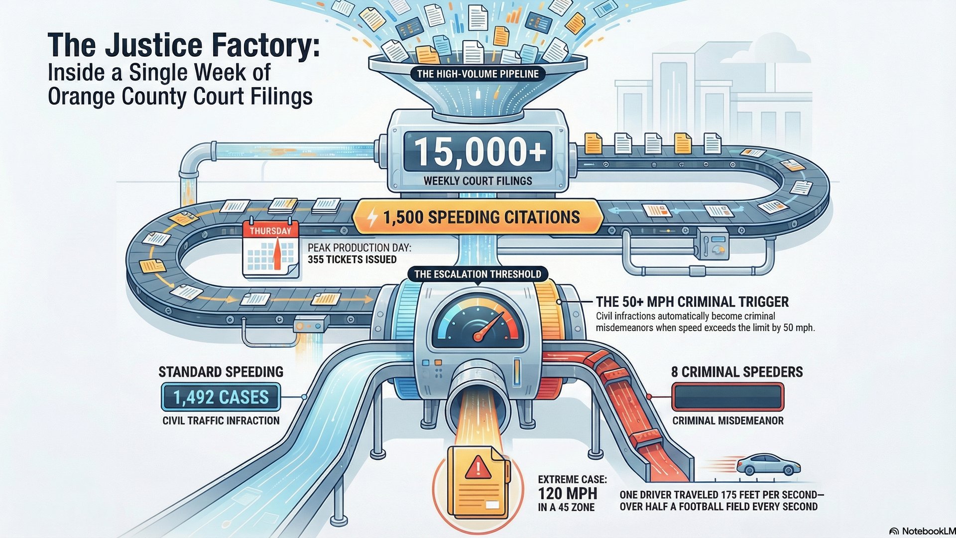 The Justice Factory: 15,000+ Orange County court filings infographic showing the high-volume pipeline with speed violations, DUI arrests, and case distribution
