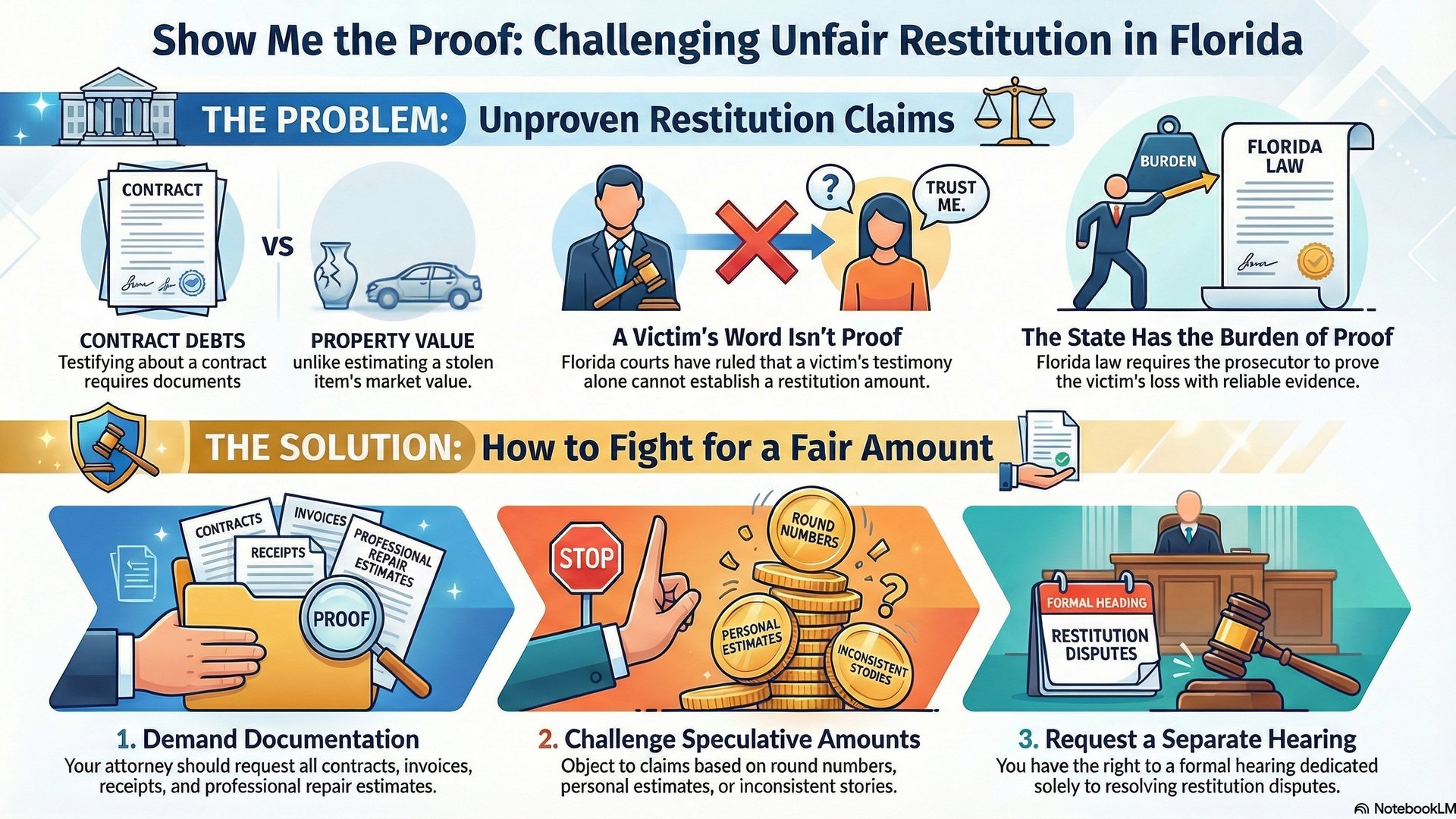 Infographic showing how to challenge unfair restitution in Florida - from unproven claims to State's burden of proof to fighting for a fair amount