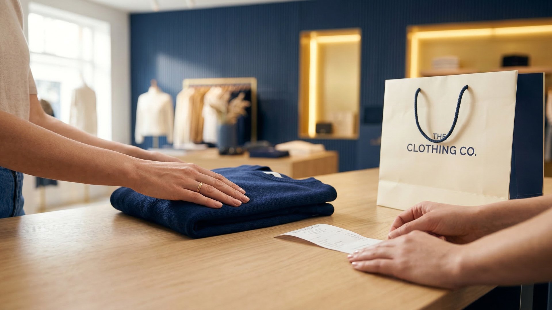 Person returning merchandise to store counter with receipt and bag