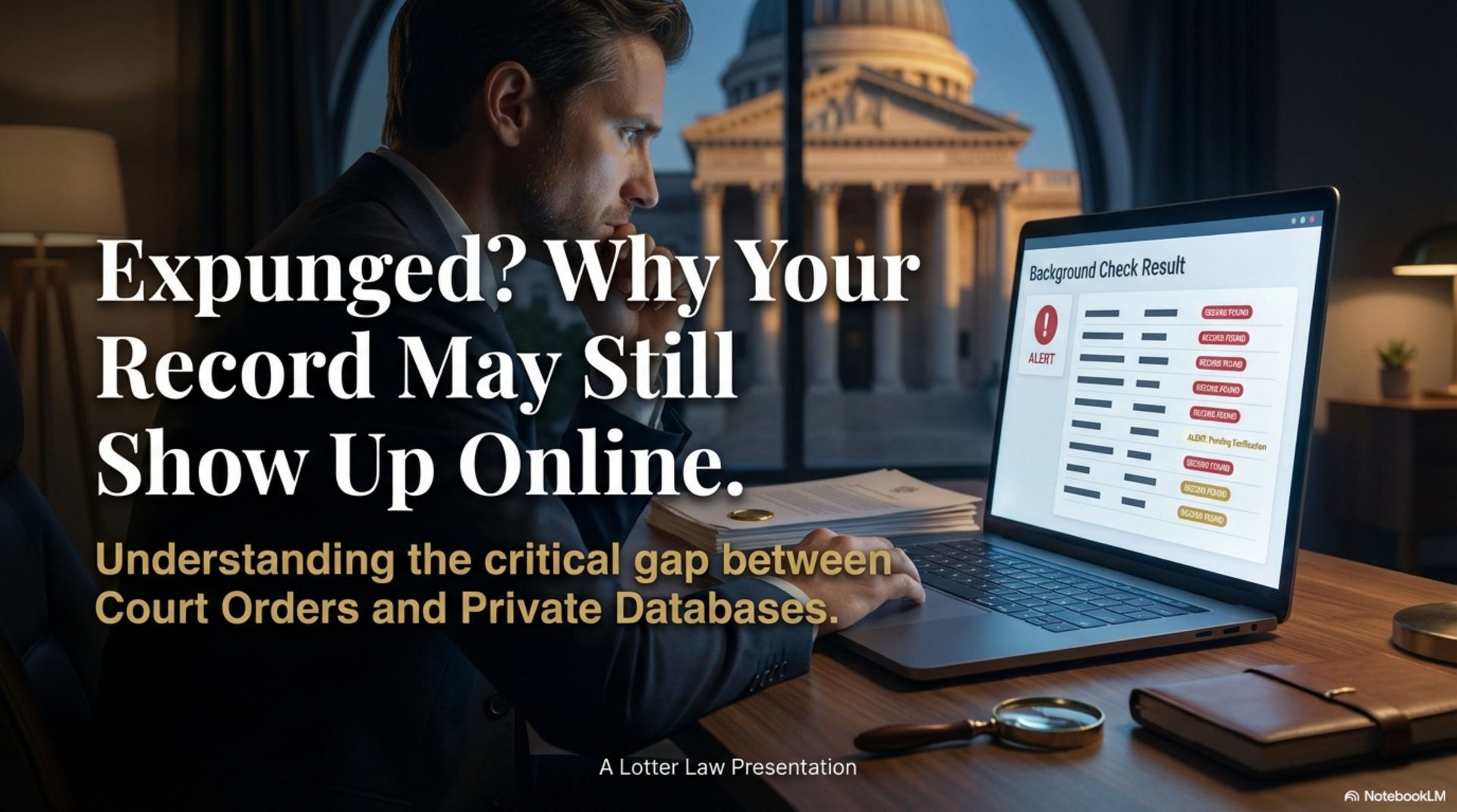 Computer screen showing background check results despite court expungement order
