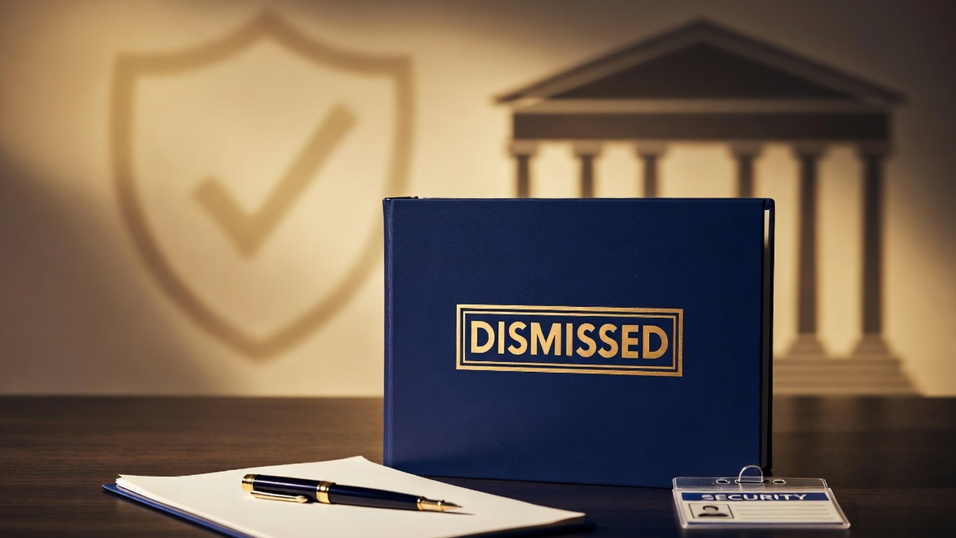 Dismissed case file with a security badge representing a USCCA member aggravated assault case dropped after Stand Your Ground preparation