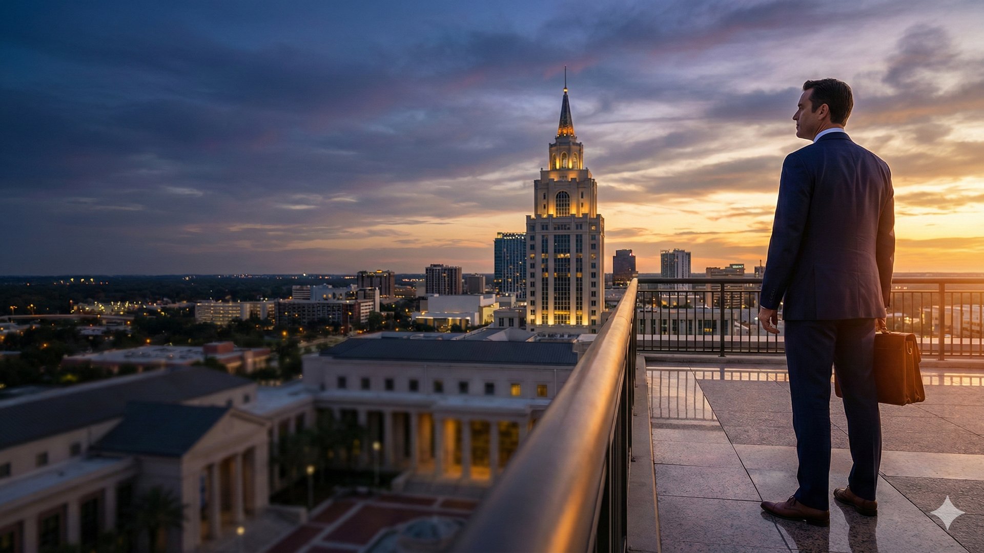 Orlando criminal defense attorney reviewing self-defense case documents with Florida courthouse in background