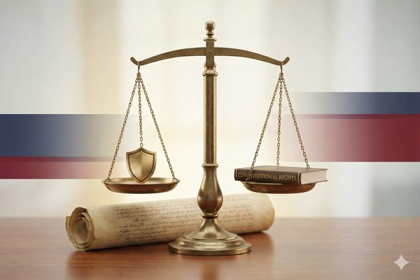 Scales of justice balanced with constitutional rights symbols representing the right to self-defense