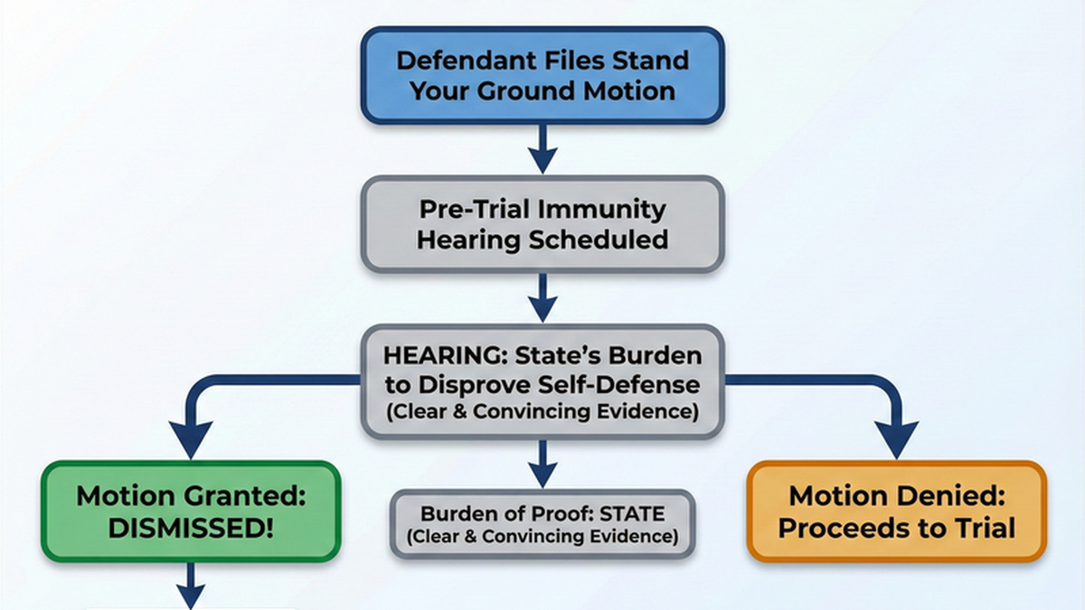 Flowchart showing Stand Your Ground immunity hearing process: Motion filed, hearing held, State must disprove self-defense, case dismissed if State fails