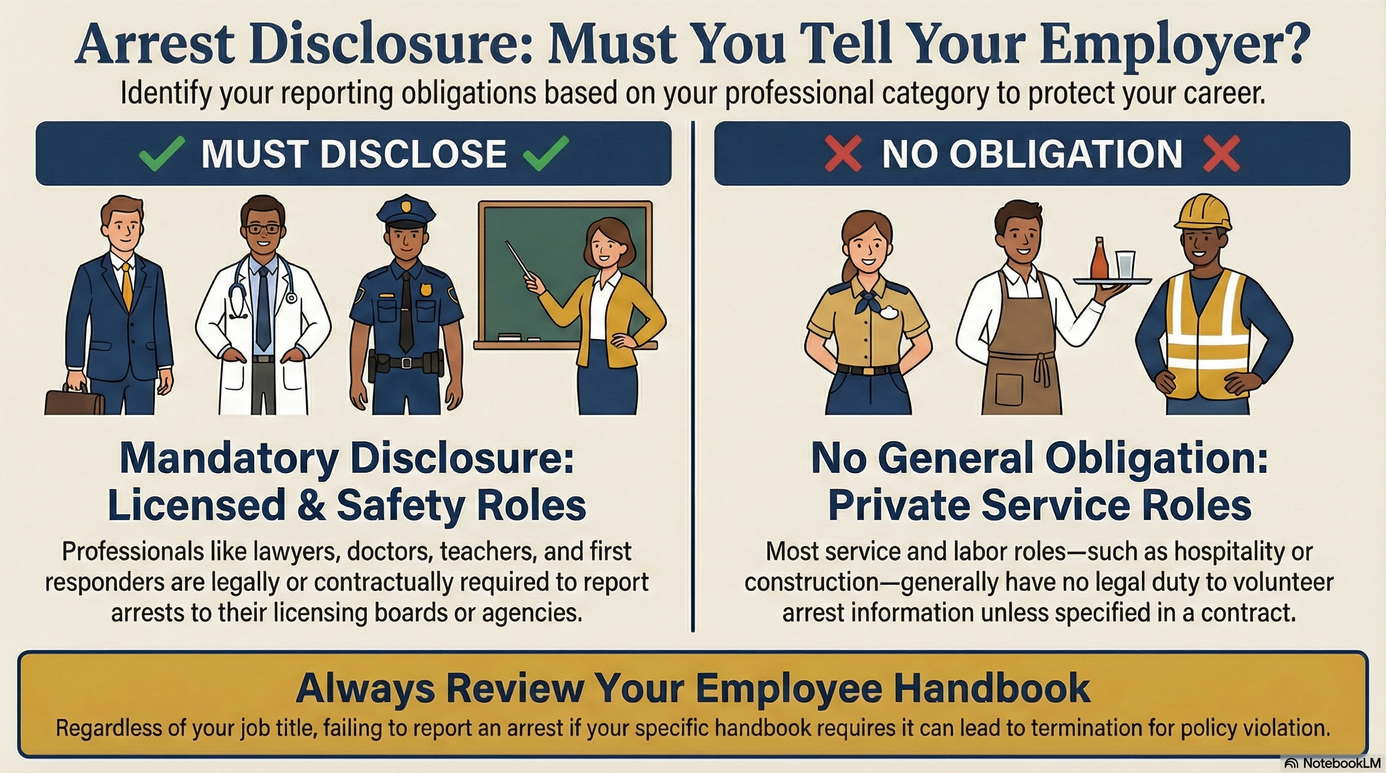 Infographic comparing mandatory disclosure for licensed and safety roles versus no obligation for private service roles after an arrest